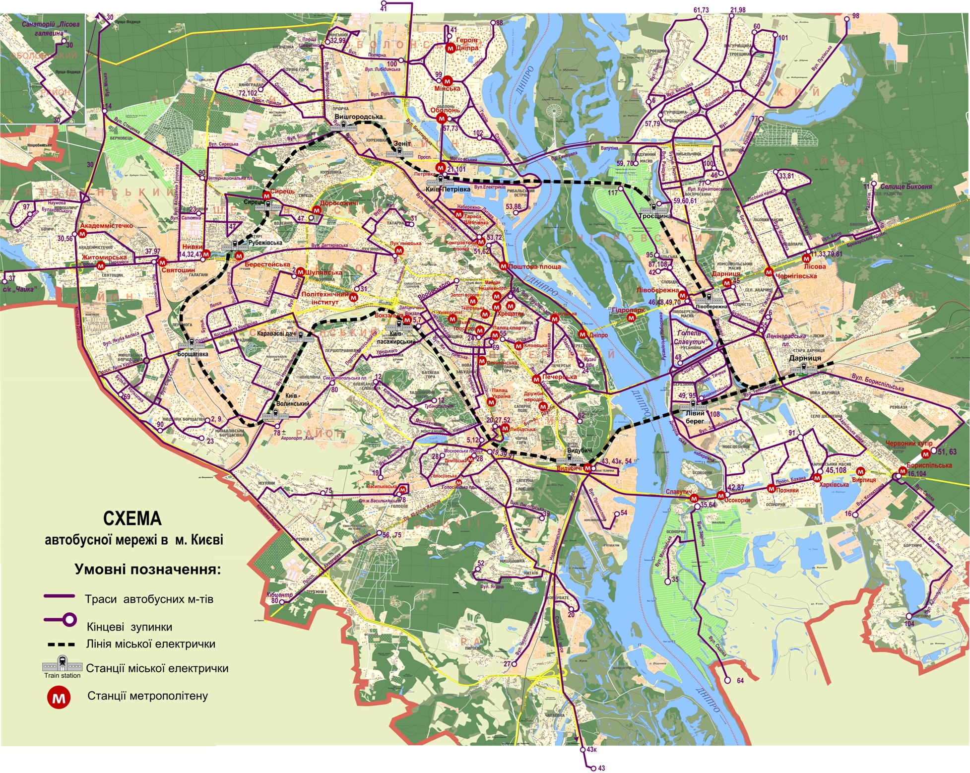 План-схема міських автобусних маршрутів на карті Києва (Увага