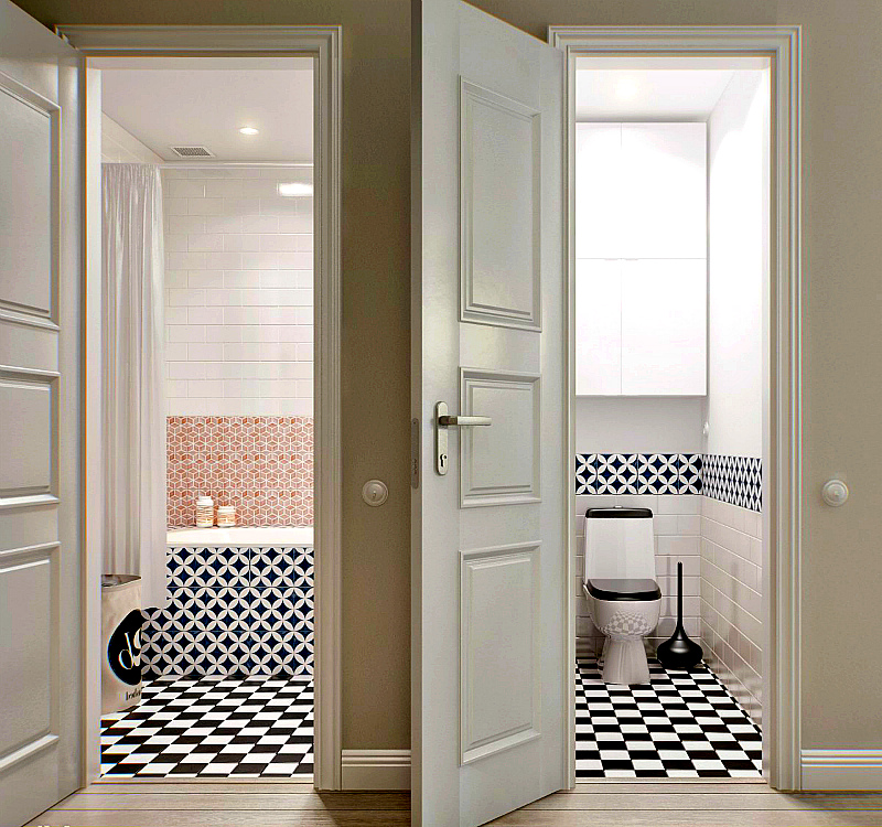 Фурнітура для дверей ванної кімнати і туалету встановлюється звичайнісінька, така ж, як на стандартні міжкімнатні двері, це може бути дверна ручка і клямка або поворотна ручка з замком - фіксатором, на внутрішній стороні дверей