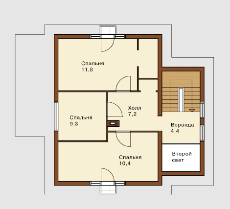 План 1 поверху дерев'яного будинку з верандою розміром 11х8   план мансарди
