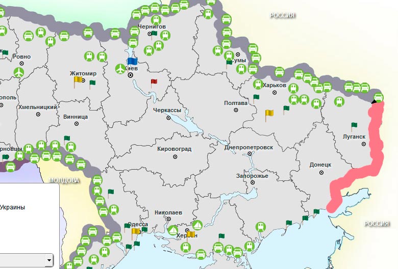 на   інтерактивній карті Державної прикордонної служби України   немає пропускних пунктів для проїзду на автомобілі через територію Луганської та Донецької областей (виділено червоним)