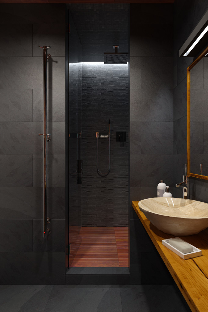 Ванна кімната в темних тонах з використанням натурального сланцю і дошки тика