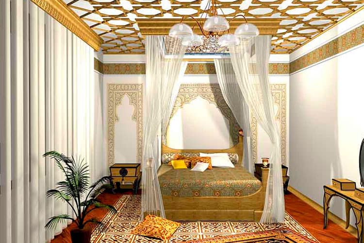 Для Марокканської стилю звичайними елементами інтер'єру є низький диван з безліччю декоративних шовкових подушечок, різьблені скрині з різьбленням і орнаментами, шафа - бусабак з безліччю невеликих скриньок
